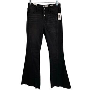 KanCan Signature Womens Flare Mid Rise Jeans Faded Black Wash Button Fly Raw Hem